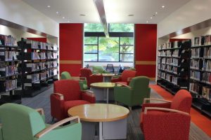 New, comfy seating, paint and carpeting throughout the library.