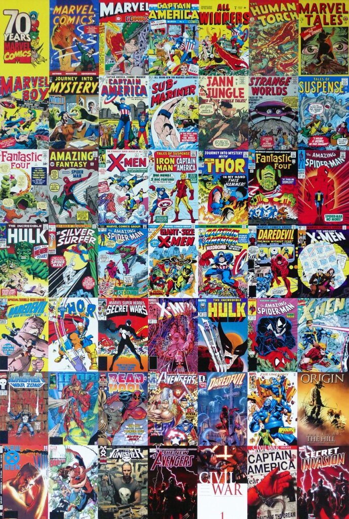 Collaged-image-of-Marvel-comic-covers-throughout-the-years