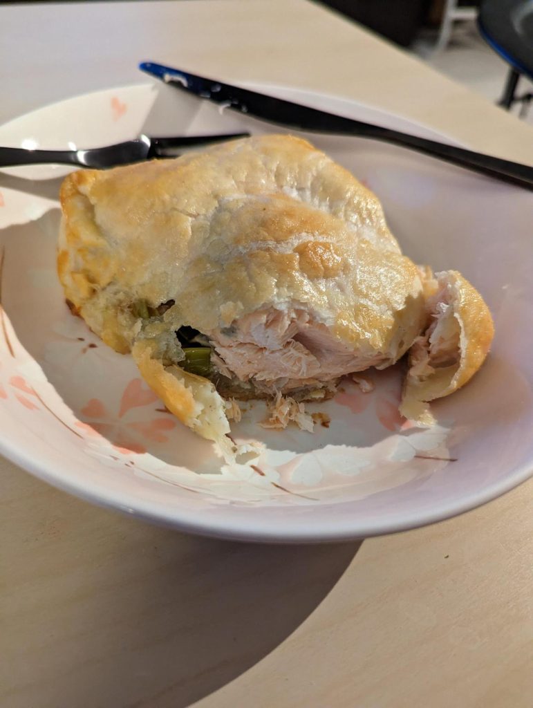 Cooked and yummy. Need flakier pastry next time.